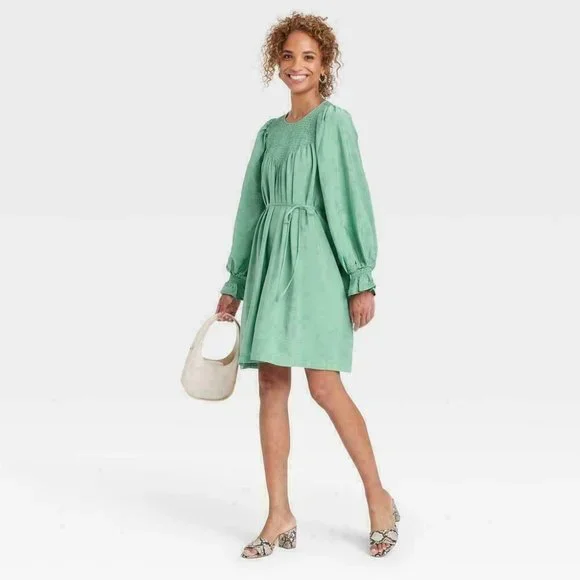 Women's Long Sleeve Tent Dress - A New Day Green S